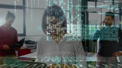 Team Analyzing Data with Overlay of Digital Code