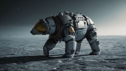 Mechanical Polar Bear Traversing Icy Expanse with Amber Visor and Weathered Space Armor