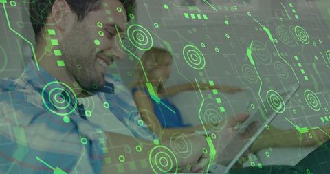 Smiling Man Engaging with Futuristic Digital Interface