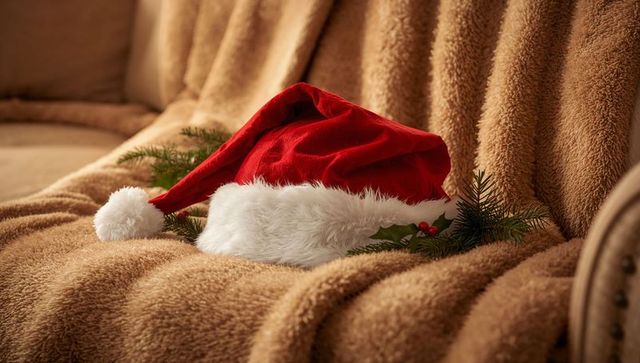 Resting red velvet Santa hat on plush sofa with holly and evergreen sprigs, cozy holiday decor
