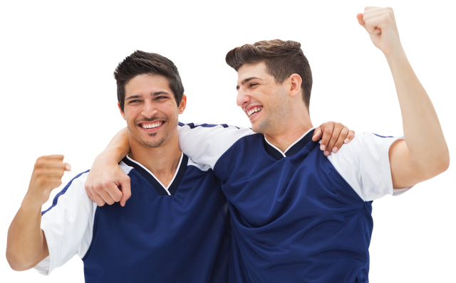 Two Football Players Celebrating Victory with Fists Raised on Transparent Background - Download Free Stock Videos Pikwizard.com