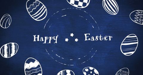 Happy Easter Text with White Decorated Eggs on Blue Background
