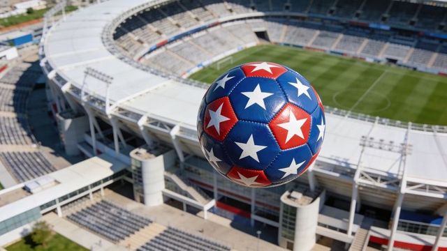 Hovering patriotic soccer ball framing aerial stadium view showing stitched star panels