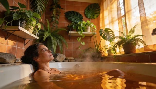 Serene steaming terracotta bath with middle-aged woman and lush indoor plants at sunrise