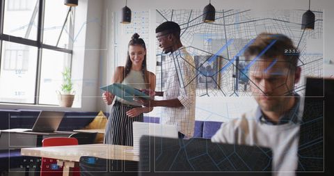 Creative Office Meeting with Abstract Data Overlay