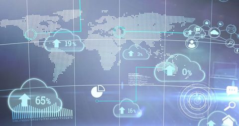 Cloud Computing Interface Displaying Global Data Trends on World Map - Download Free Stock Images Pikwizard.com