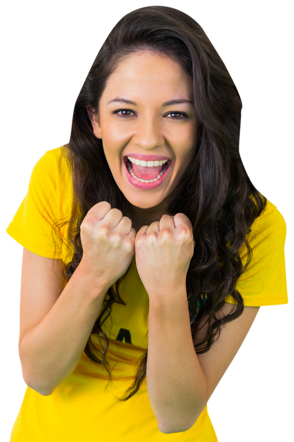 Excited Female Football Fan in Yellow Brazil T-shirt on Transparent Background - Download Free Stock Videos Pikwizard.com