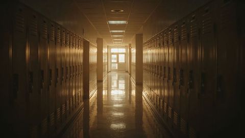 Dimly lit school hallway with lockers reflecting evening light