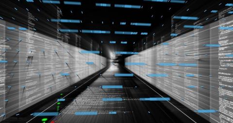 Futuristic digital corridor with data streams and code panels