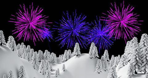 Colorful fireworks over snowy trees on new year night