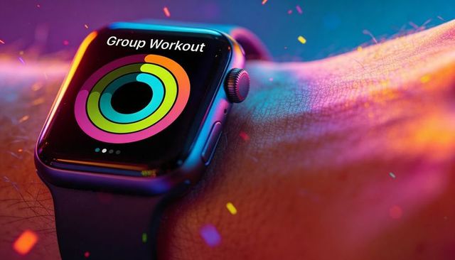 Vibrant smartwatch displaying group workout rings on wrist with glossy cinematic lighting