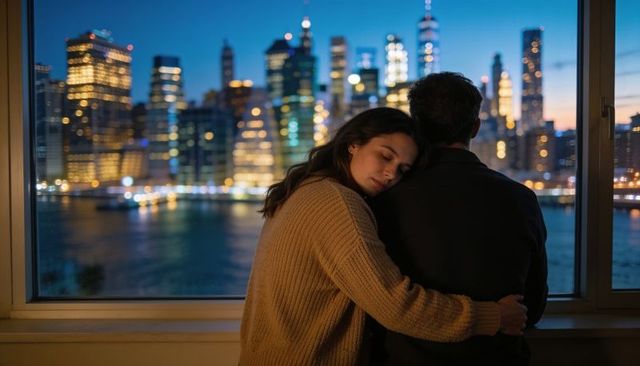Couple embracing at apartment window with glowing riverfront city skyline at twilight