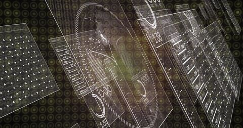 Futuristic HUD displaying translucent data panels with circular gauges and wireframe overlays