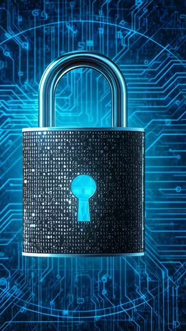 Pulsing Cyan Keyhole Lock Animating on Futuristic Circuit Board for Cybersecurity Vertical Video