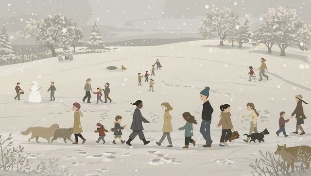 Families friends walking through snowy park with children dogs snowman and winter play