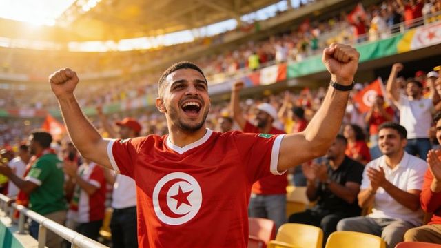 Cheering tunisian fan raising arms in packed stadium at sunset wearing crescent-star jersey