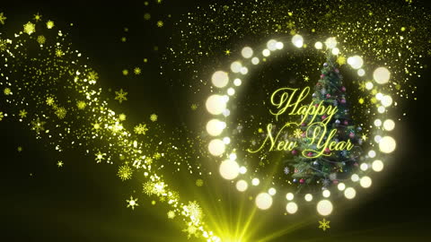 Glistening scene captures a magical night with a stellar trail and a decorated Christmas tree illuminated by twinkling lights, ideal for New Year event invitations, festive greeting cards, or New Year-themed digital content. Conveys feelings of joy and celebration.