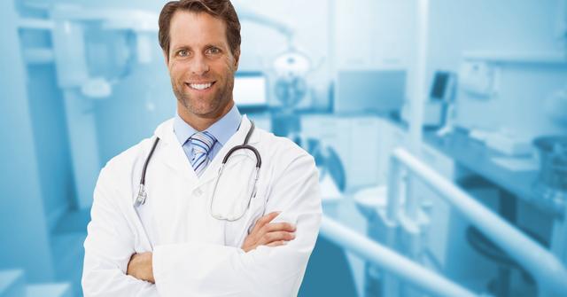 Digital composition of dentist standing with arms crossed against clinic in background
