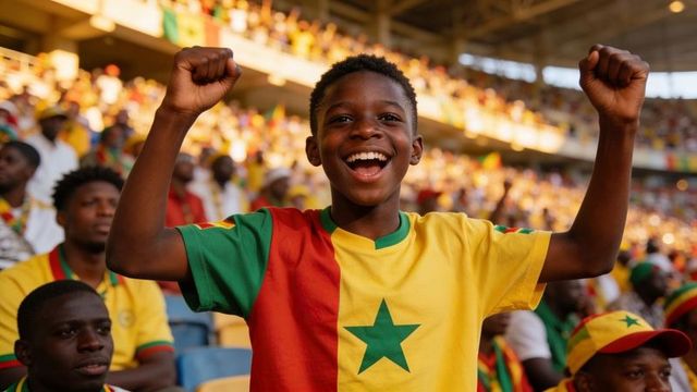 Teen fan cheering with raised arms wearing yellow and green jersey in vibrant stadium