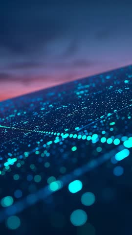 Vertical sweeping over tilted holographic grid with teal glowing points and neon horizon