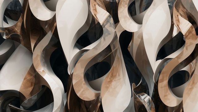 Swirling sculptural ribbons forming layered abstract depth in neutral brown and cream