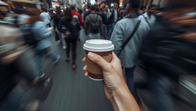 Hand holding coffee on busy city street with motion blur