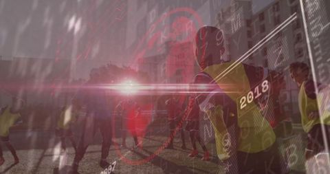 Youth Soccer Teams Practicing Drills with Digital Interface Overlay