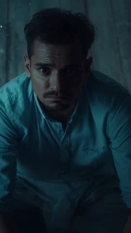 Vertical cinematic video of man responding to teal light in dim wooden room, intense introspection