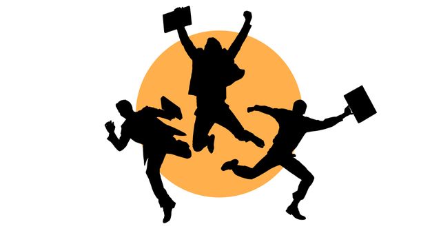 Illustration of sun and cheerful male professionals with briefcase dancing against white background. Copy space, business, enjoyment, international week of happiness at work, holiday, awareness.