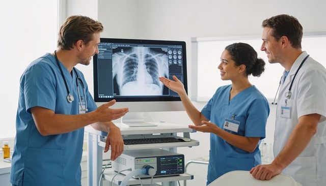 Medical team reviewing chest x-ray on digital workstation, discussing diagnosis, treatment