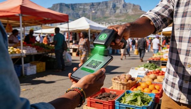 Scanning qr code and paying with mobile wallet at busy outdoor farmers market stall
