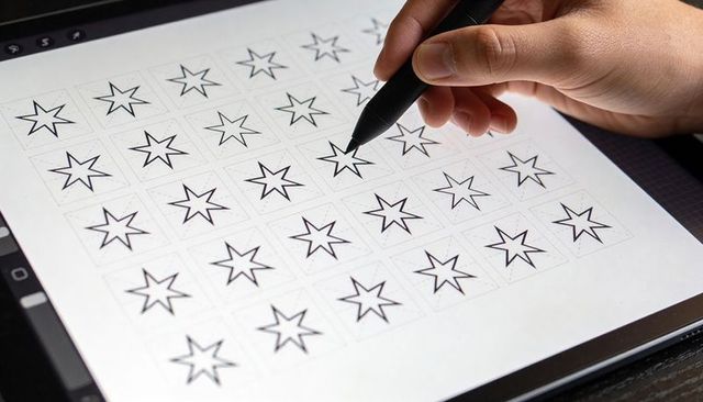Designer tracing star icon grid on tablet with stylus for logo design and brand identities