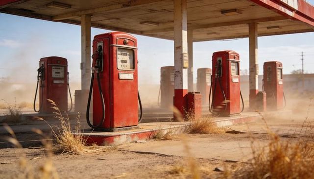 Abandoned vintage red gas pumps under weathered canopy on dusty desert roadside, rusted meters