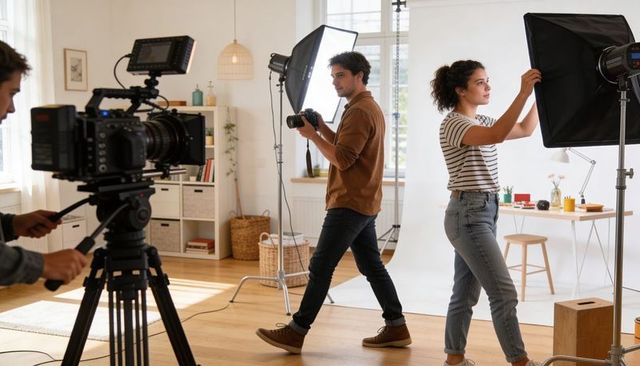 Film crew adjusting studio lighting while photographer walks holding dslr and cine camera