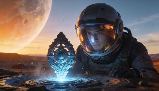 Astronaut discovering glowing alien artifact on desert planet at sunset with distant moon