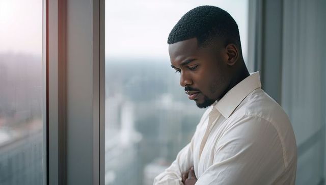 Pensive Man Looking Out at Urban Skyline Through Window