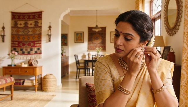 Fastening earring in yellow silk saree in warm traditional living room