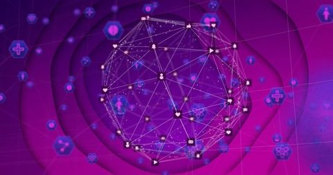 Rotating wireframe geodesic sphere pulsing in futuristic health data network visualization