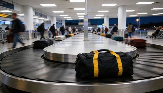 Black Duffel with Yellow Straps on Baggage Carousel at Busy Airport Arrival Terminal Night