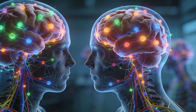 Dual translucent heads showing glowing brain networks and neural connectome visualization