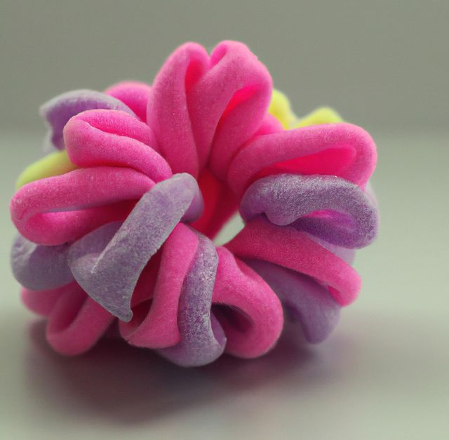 Image of close up of pink, purple and yellow coloured scrunchie on grey background. Hair and beauty, decoration concept.