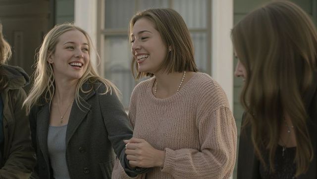 Young women laughing on porch wearing cozy knits and pearl necklace, casual friendship