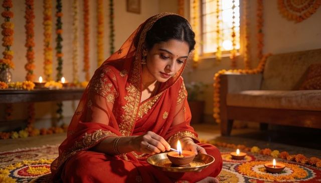 Indian woman lighting diya during diwali ceremony wearing red sari with gold embroidery