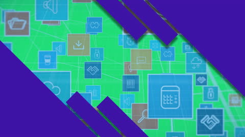 Colorful Abstract Graphic with Technology Icons on Green Background