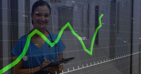 Indian nurse in blue scrubs holding clipboard with rising green healthcare graph overlay