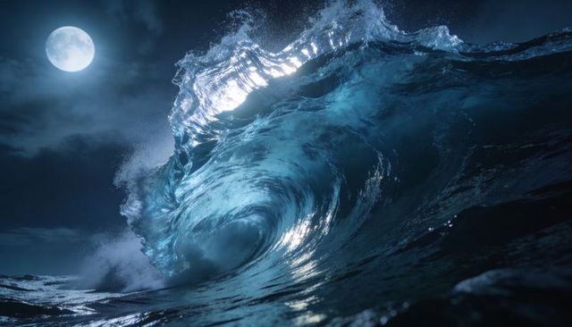 Moonlit curling barrel wave crashing and glowing under full moon
