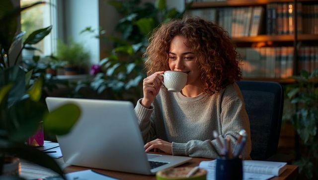 Curly-haired woman working from home, sipping coffee, cozy home office plants and books