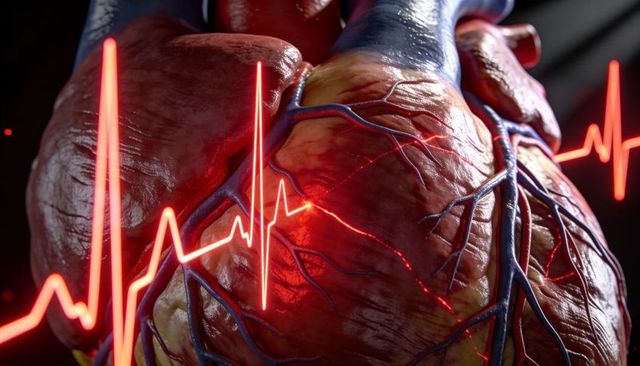 Close-up realistic human heart showing coronary vessels with glowing ecg overlay