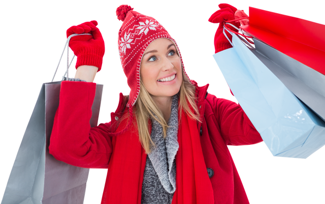 Blonde Woman in Winter Outfit Holding Shopping Bags, Transparent Background - Download Free Stock Videos Pikwizard.com