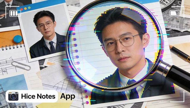 Magnifying portrait of businessman on desk with documents, glitch effect, Hice Notes